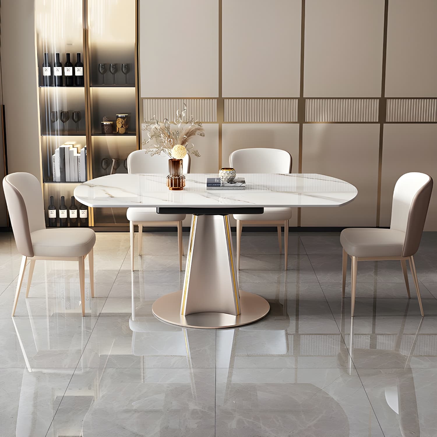 Glam Round Dining Set with Gold Pedestal Base and Self-Storing Leaf - Extension Feature - image 3