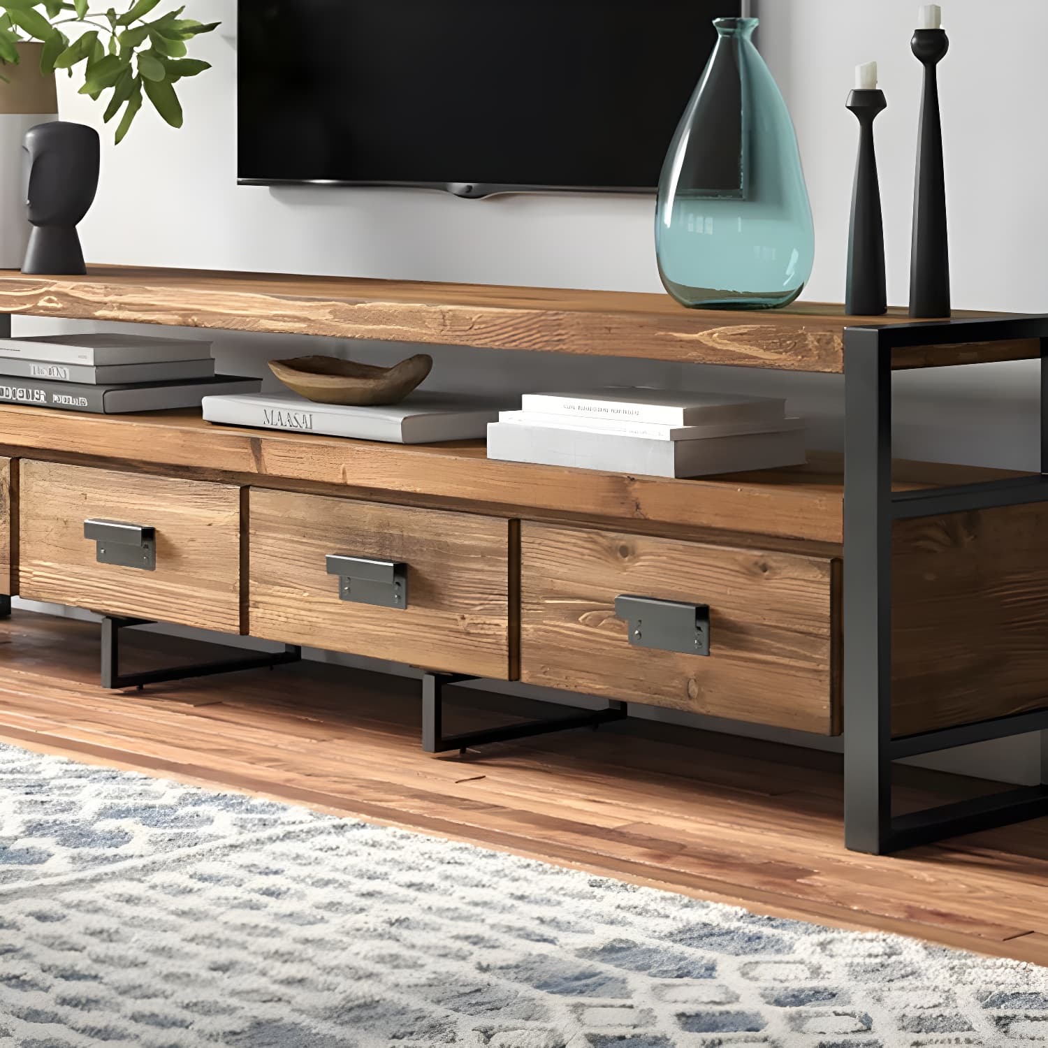 Industrial Wood TV Stand Console Open Storage TV Media Stand with Drawers for Living Room - image 6