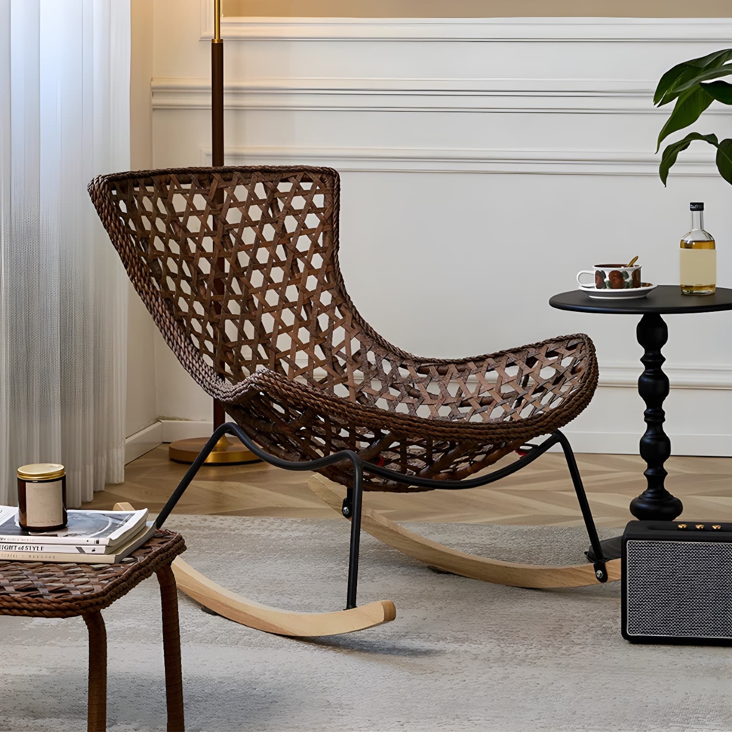 Elegant Walnut Wood Rocking Chair for Modern Living - Upholstered Seating and Stylish Track Arms - image 8