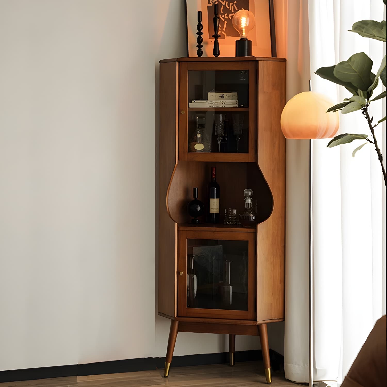 Corner Mid-Century Modern Accent Cabinet with Wood Countertop, Glass Doors, and 5 Shelves - image 15