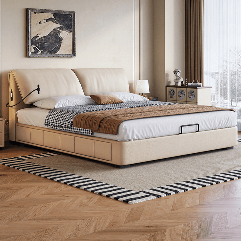 Beige Solid Color Storage Bed with 3 Storage Boxes, Sponge Upholstery, and Illumination Light