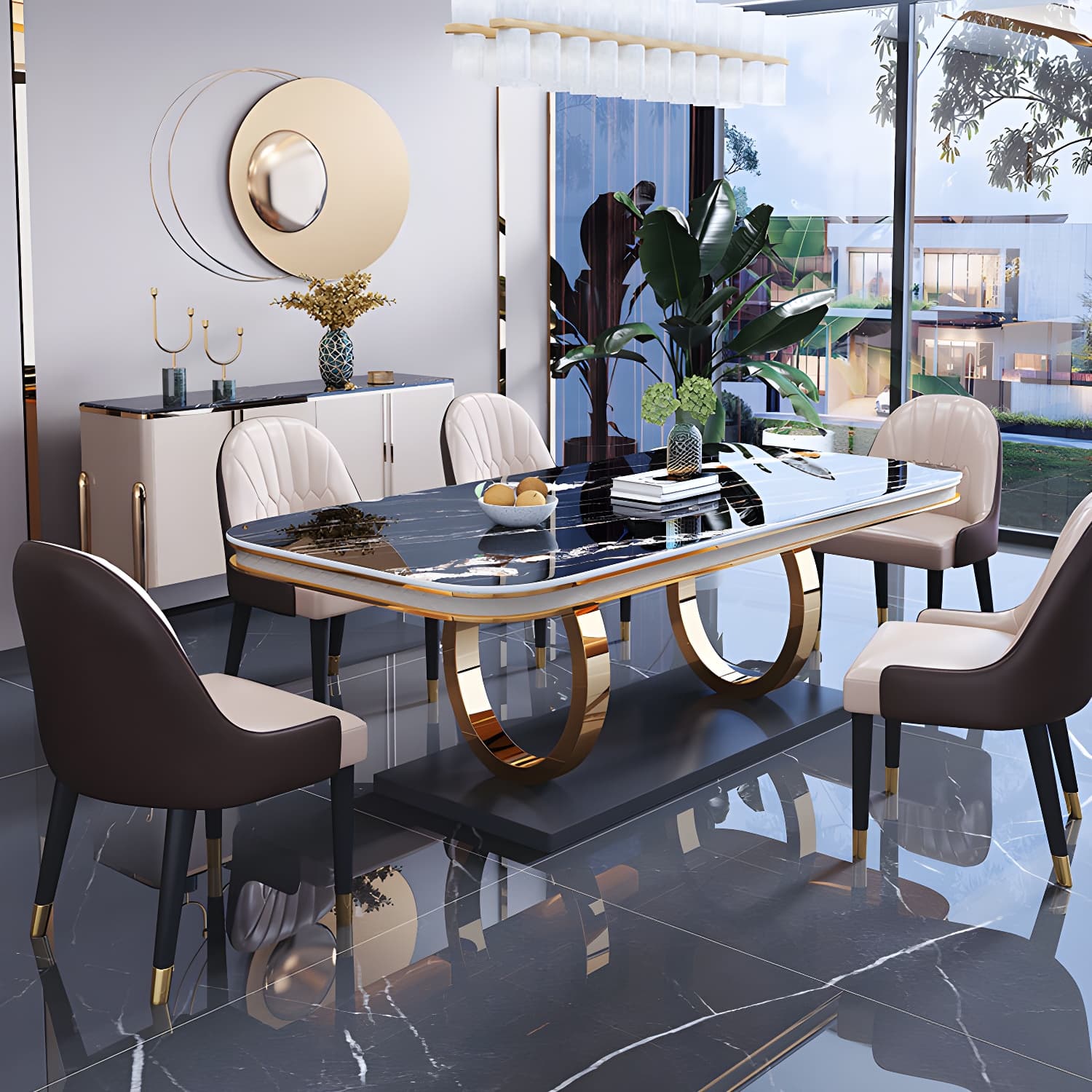 Stone Top Dining Table Traditional Luxury Table with Pedestal Base in Gold - image 4