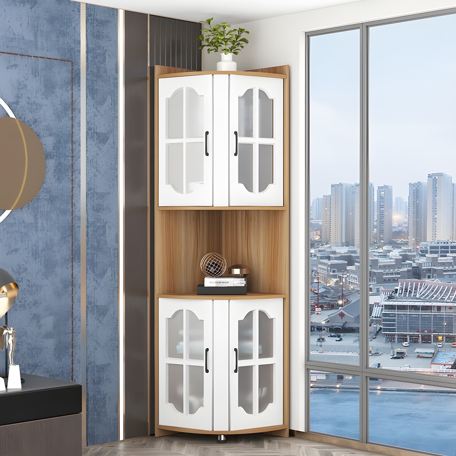 Corner Modern Glass Door Accent Cabinet with Wood Base and 2 Exterior Shelves