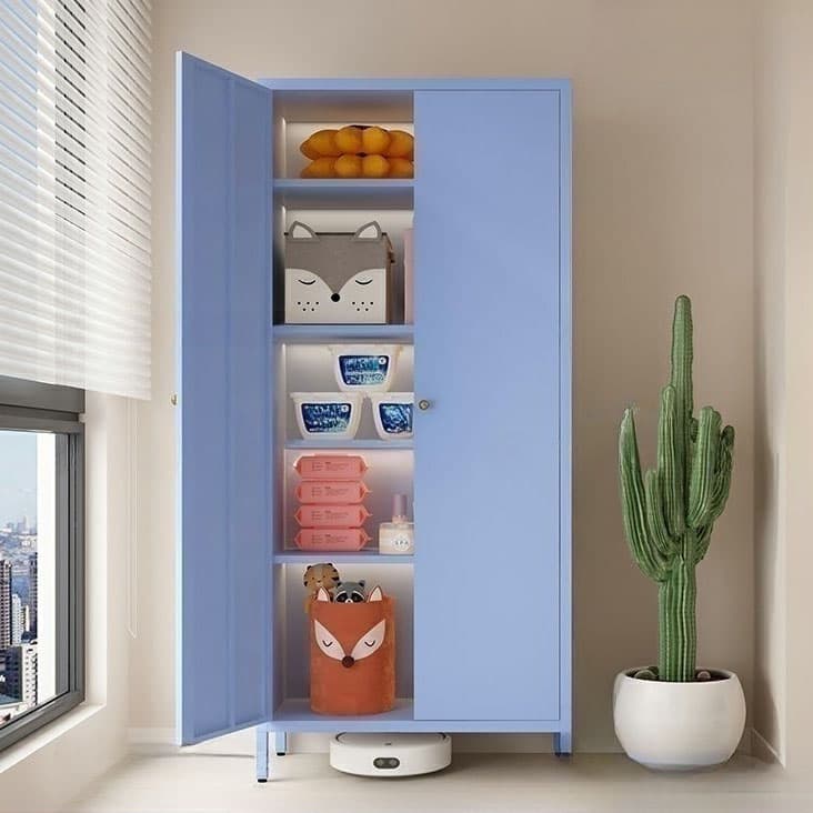Modern Lacquered Finish Metal Accent Cabinet with 5 Cabinets and Adjustable Shelves