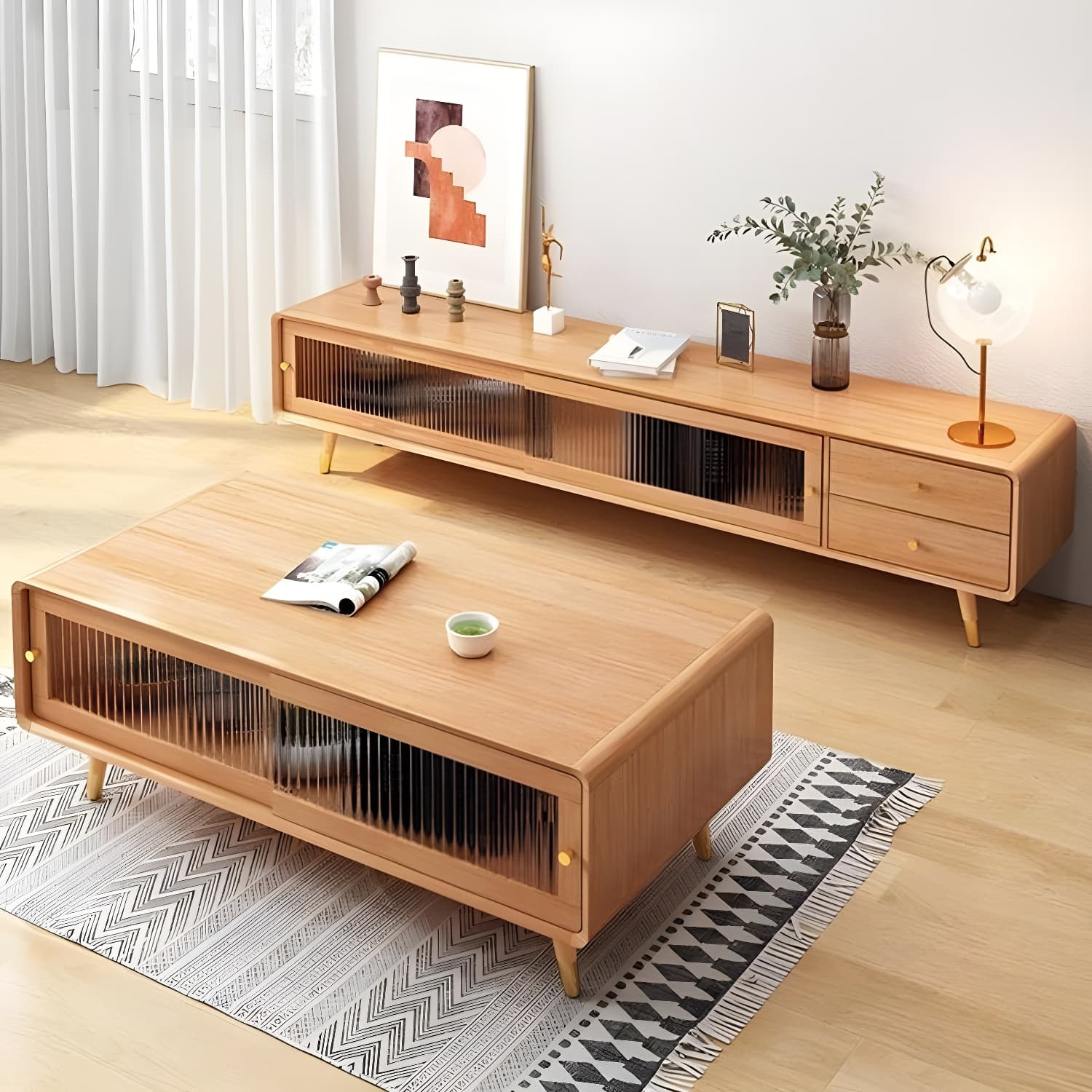 Scandinavian Style Low Height Wood TV Stand With 2 Drawers and Cabinet, Size 15.7'' x 17.7'' - image 11