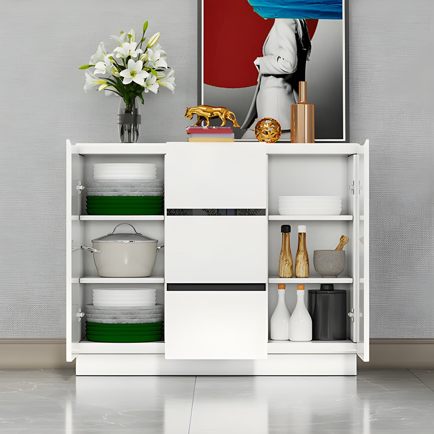White Modern Sideboard Credenza with Adjustable Shelving and 3 Drawers - image 7