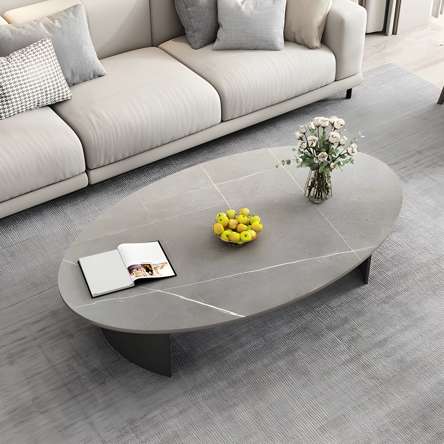 Oval Stone Modern Coffee Table with Double Pedestal Metal Base