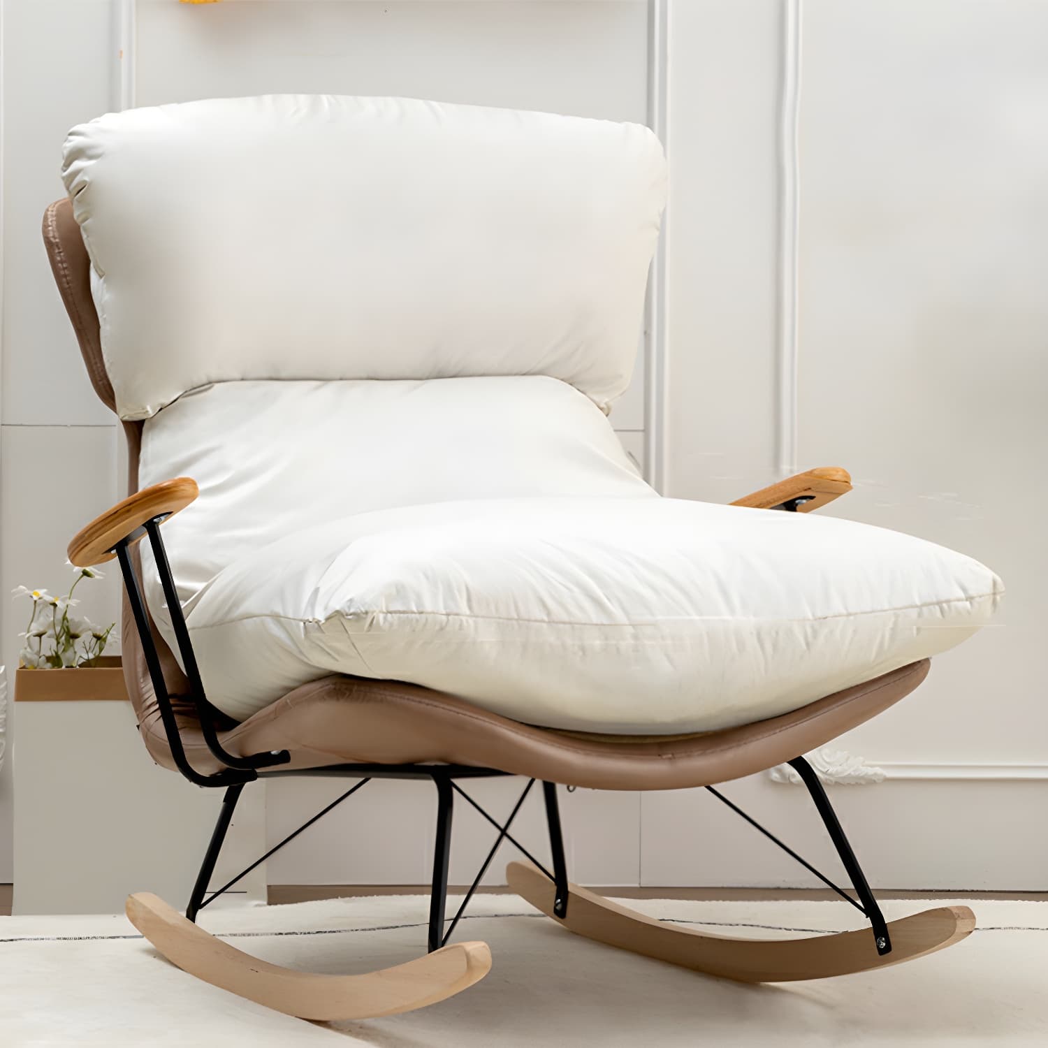 Modern Upholstered Indoor Rocking Chair with Natural Wood Legs and Removable Back Cushion