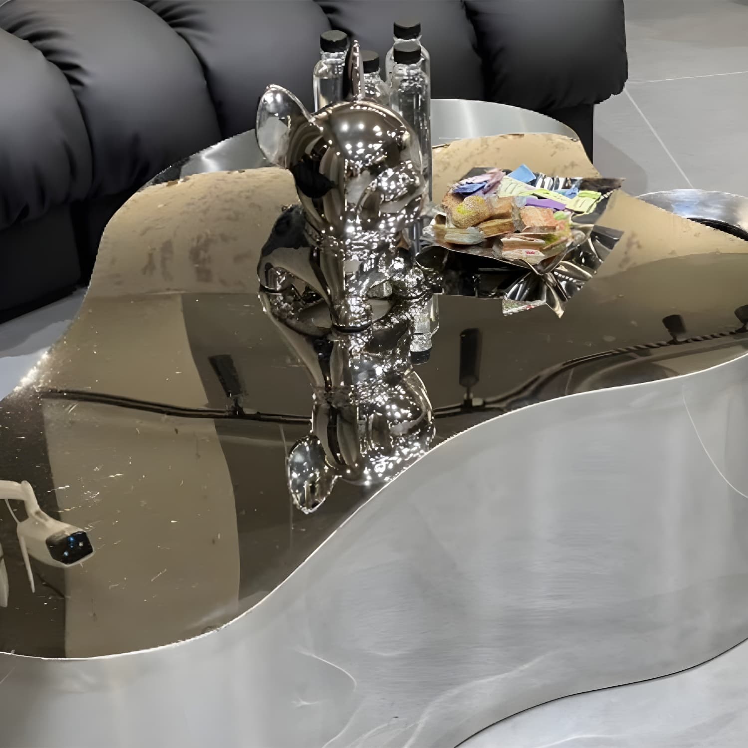 Silver Modern Coffee Table with Free Form Metal Top and Abstract Stainless Steel Base - image 10