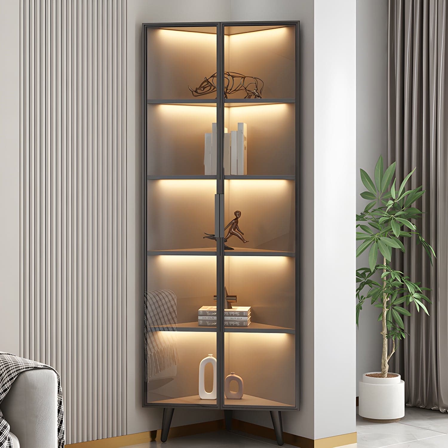 Corner Modern Accent Cabinet with Black Metal Base and Glass Doors, Black Wood Counter Top