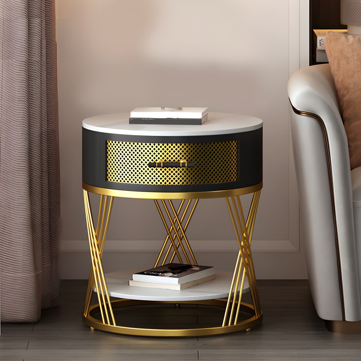 Glam Stone Top Night Table Open Storage 1-Drawer Metal Legs Included Nightstand