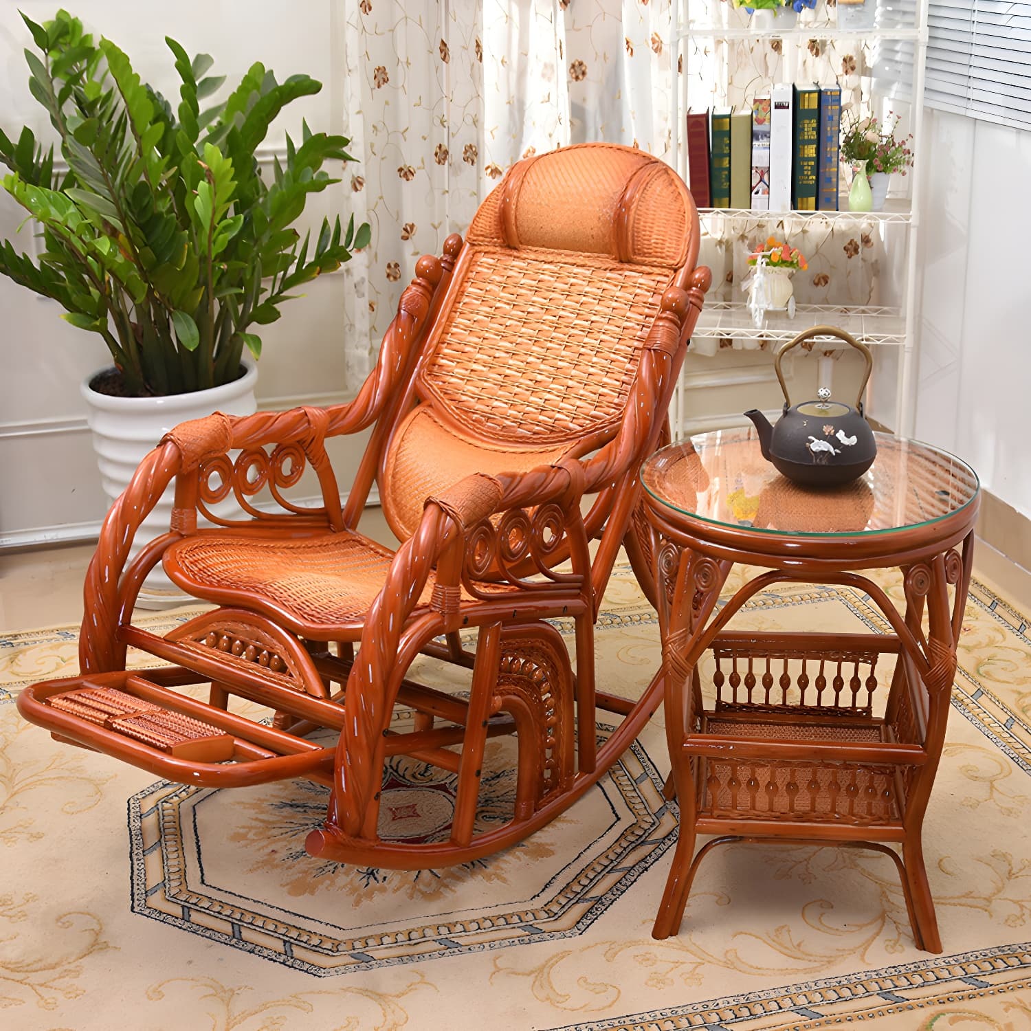 Traditional Spindle Rocking Chair Tobacco Finish with Pillow Rocker Chair Wicker - image 7