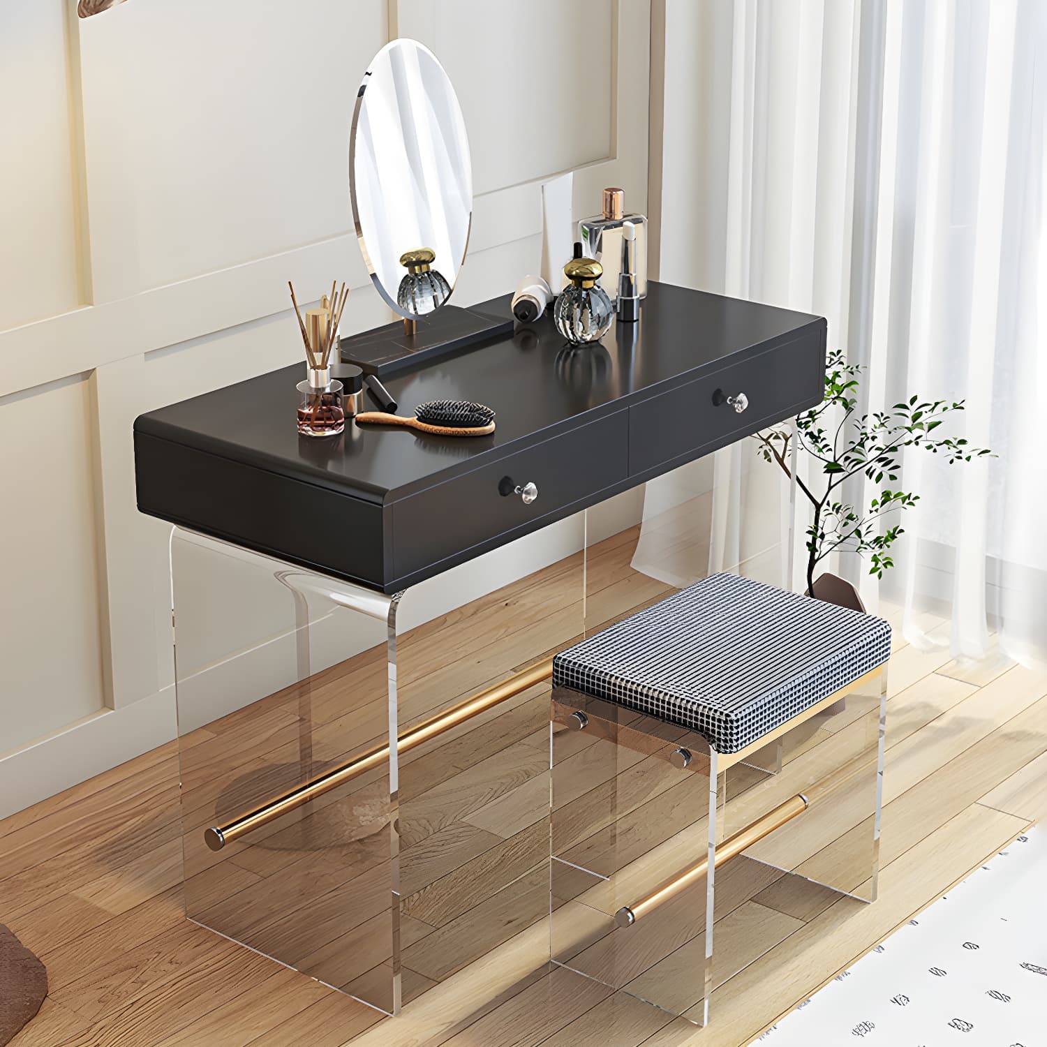 2 Drawers Clear Acrylic Makeup Table Contemporary 17.72" D Vanity Set with Stool & Mirror - image 17