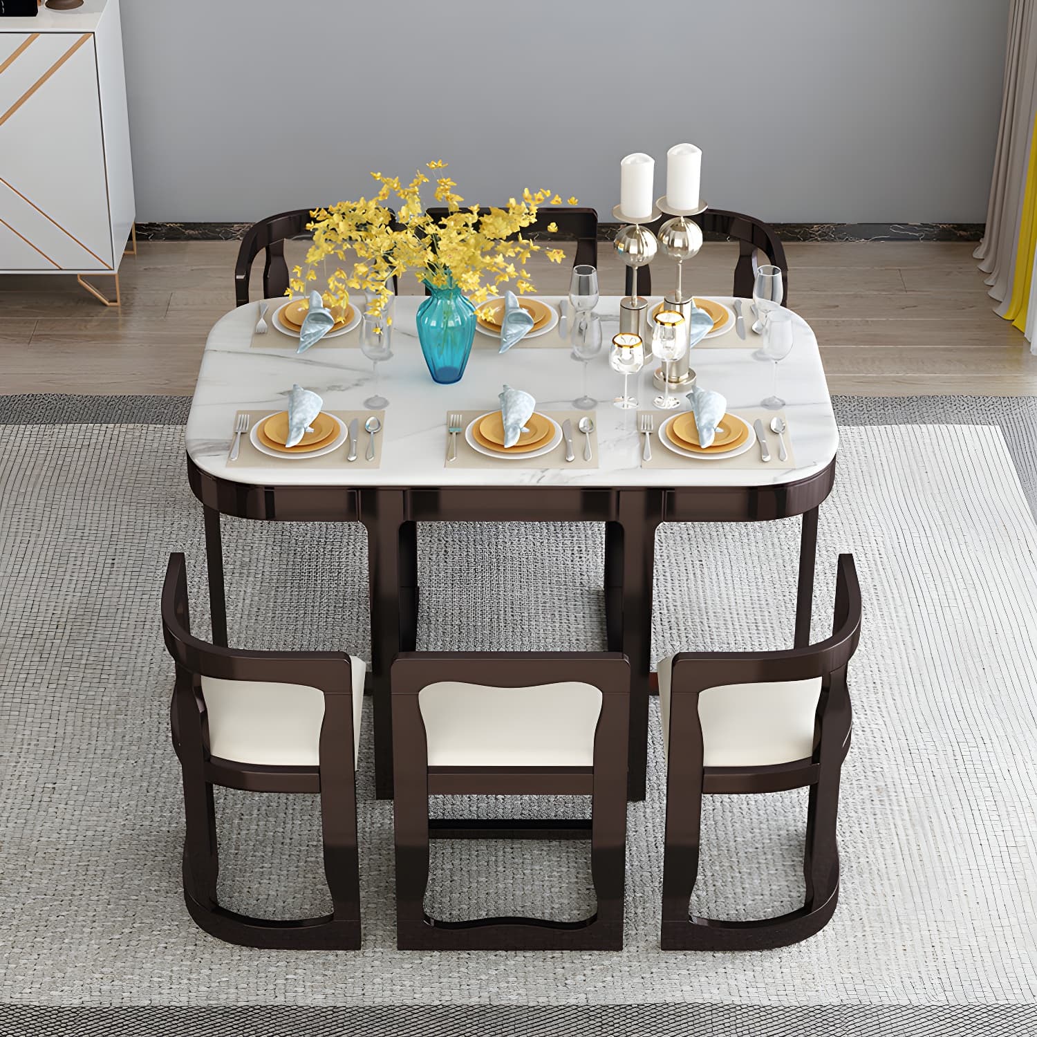 7-Piece Modern Wood Dining Set with Trestle Base and Upholstered Chairs in White - Seats 6 - image 8