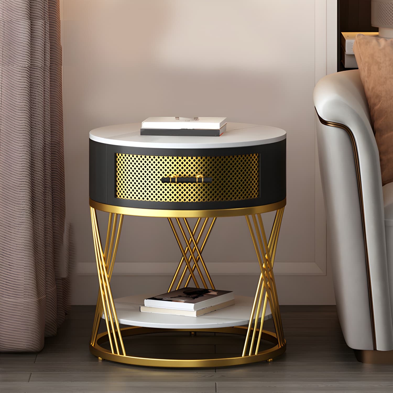 Glam Stone Top Night Table Open Storage 1-Drawer Metal Legs Included Nightstand - image 4