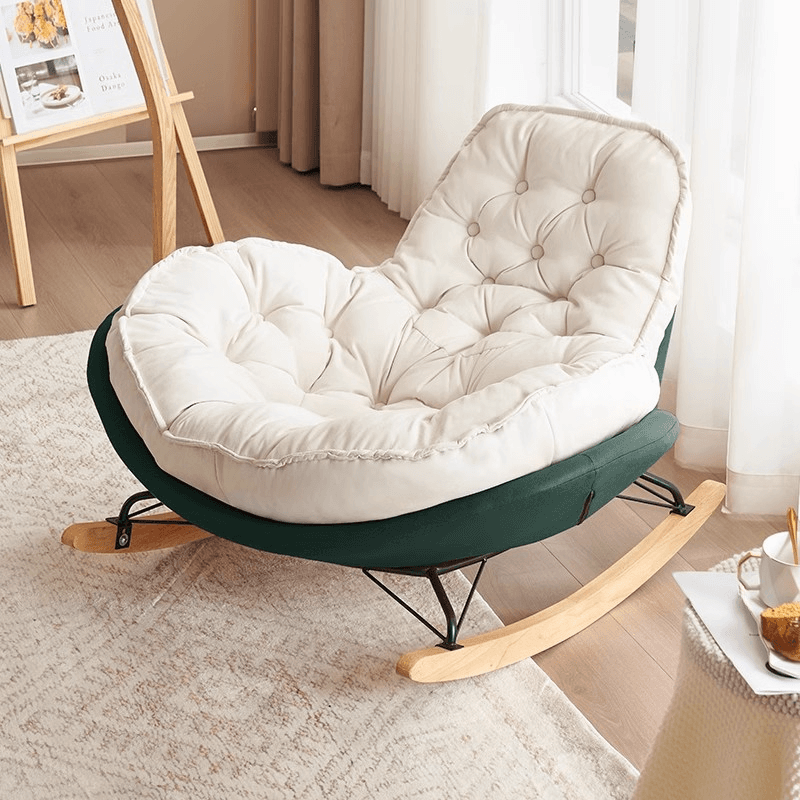 Modish Rocking Couch Chair with Spindle Back, Flannel Upholstery, Padded Design, Rear Support, and Stationary Base