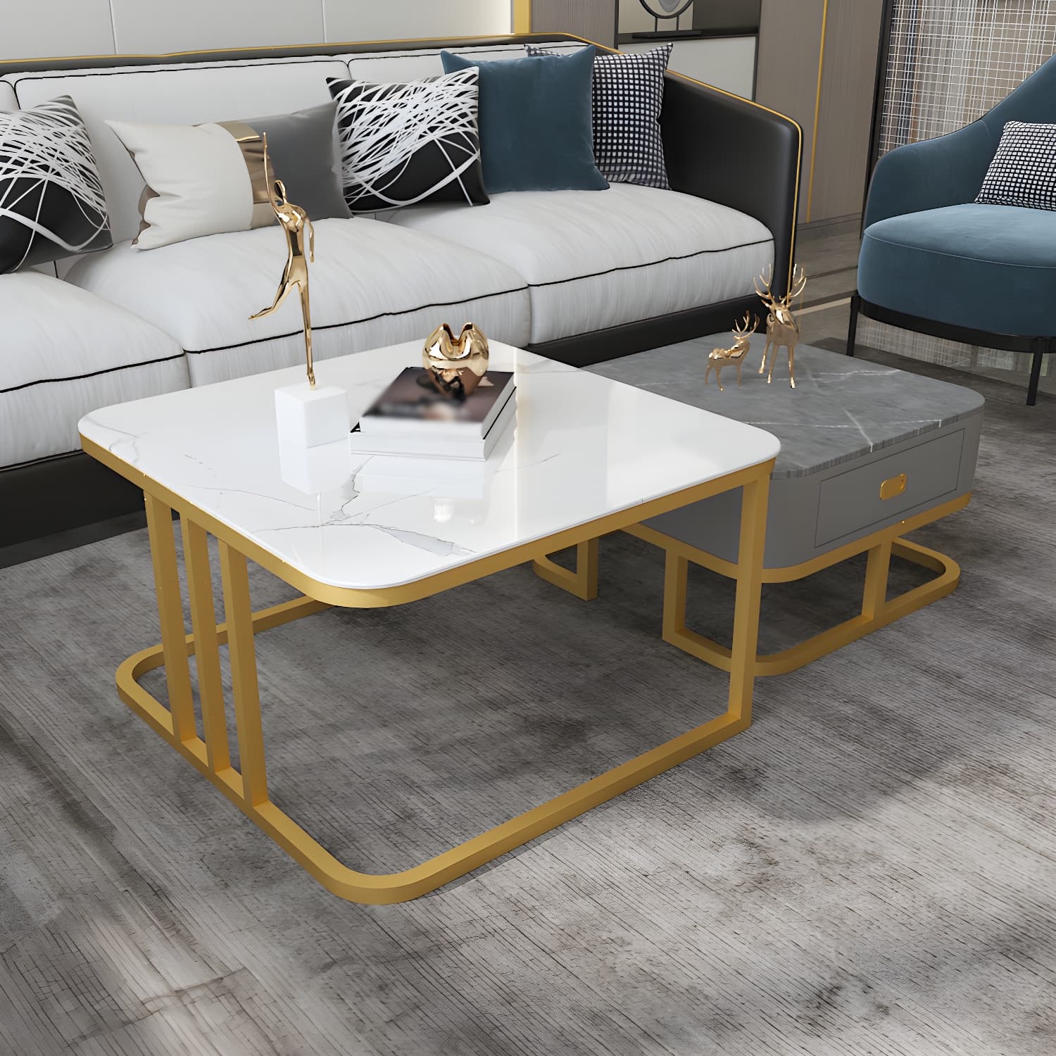 Round Slate/ Glass Coffee Table Frame 2 Nesting Cocktail Table with Storage - image 5