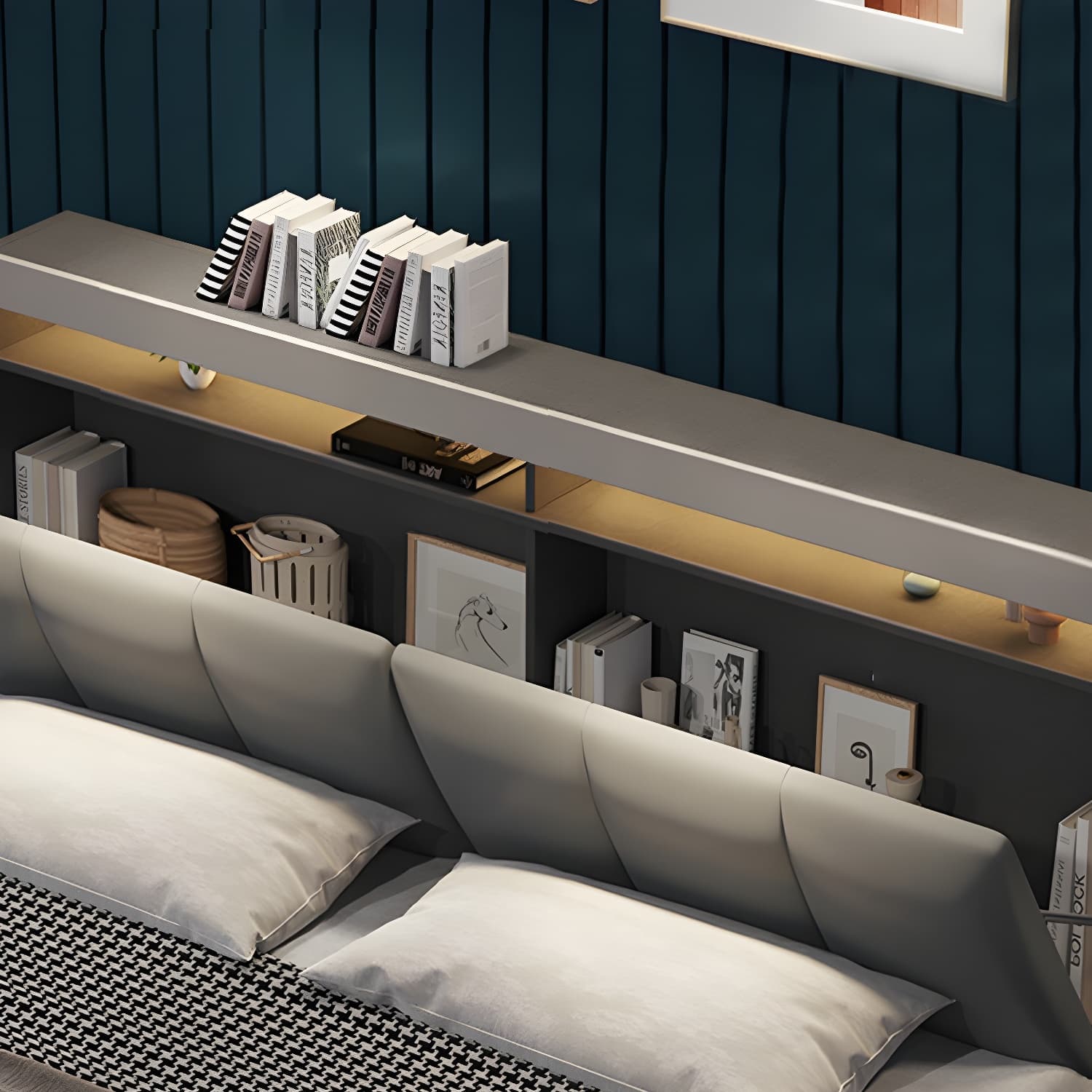 Modern Upholstered Headboard Bed with Storage and Patchwork Design - image 9