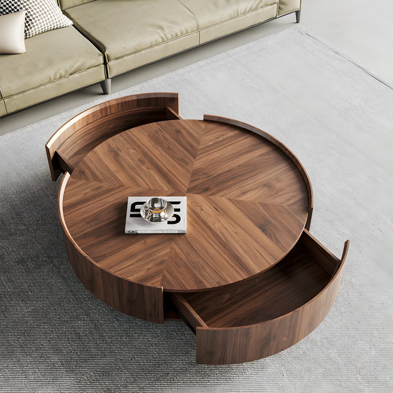 Round Wood Cocktail Table Set with 2 Drawers Modern Walnut Coffee Table - image 10