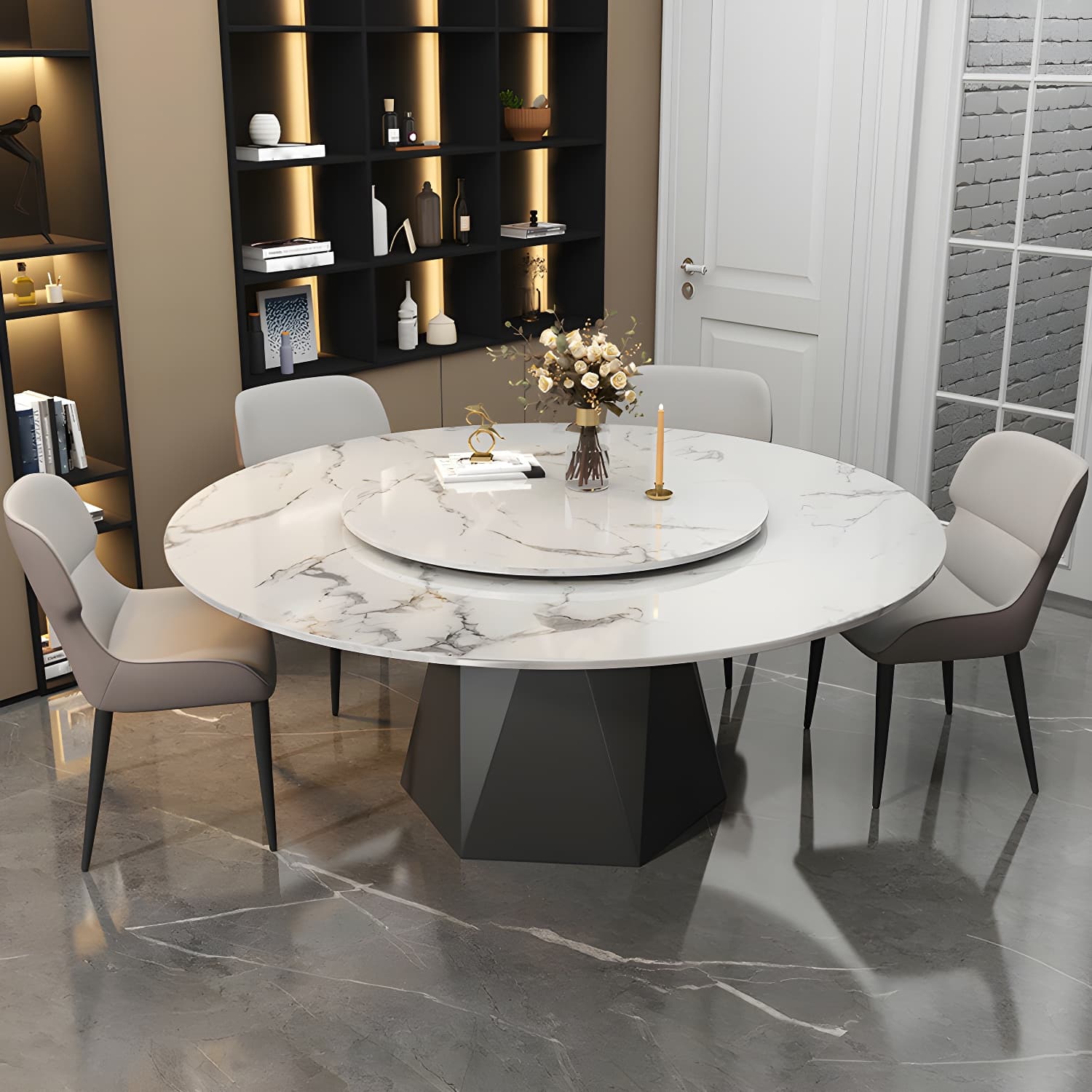 Round White Marble Modern Dining Table with Black Steel Pedestal Base and Convenient Lazy Susan