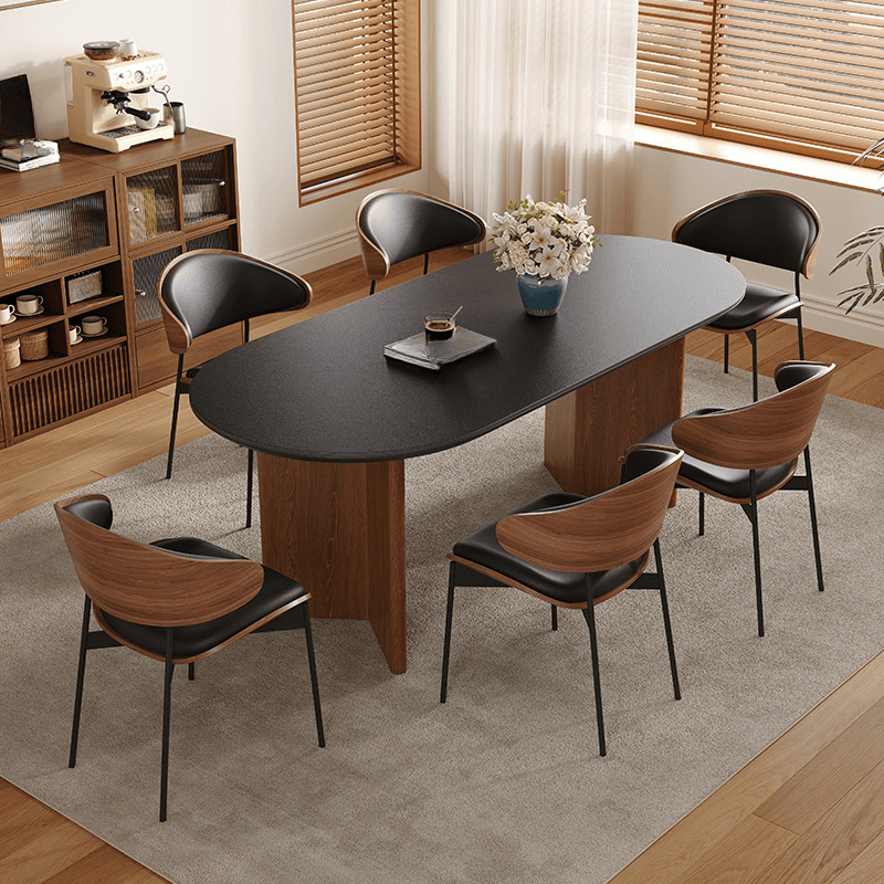 Dining Table Set with Oval Slate Stone Top and Two-sided Pedestal, Featuring Padded Chair with Back in Midnight Black