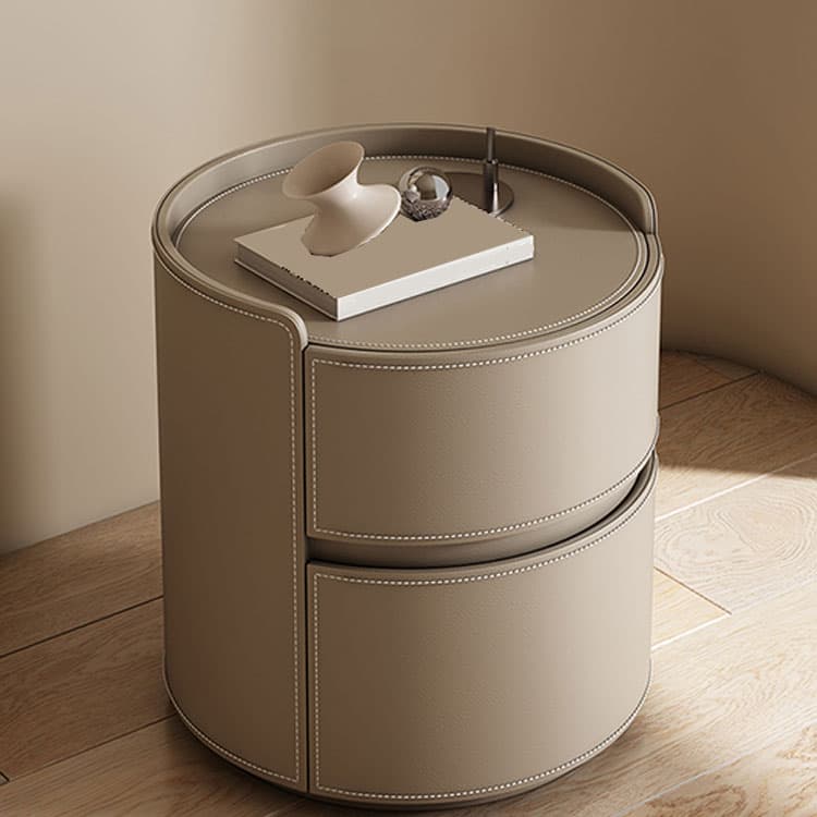 Chic Modern Round Nightstand with Light Wood Tone Faux Leather and Numerate Two Drawer Storage - image 14