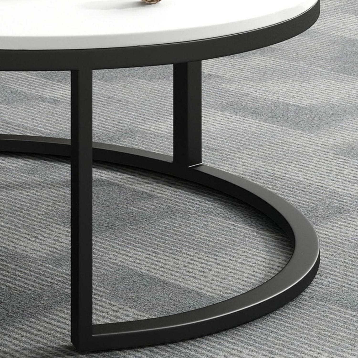 Modern Black Nesting Coffee Tables, 2 Set, Round Stone Top, Steel Frame with Storage - image 13