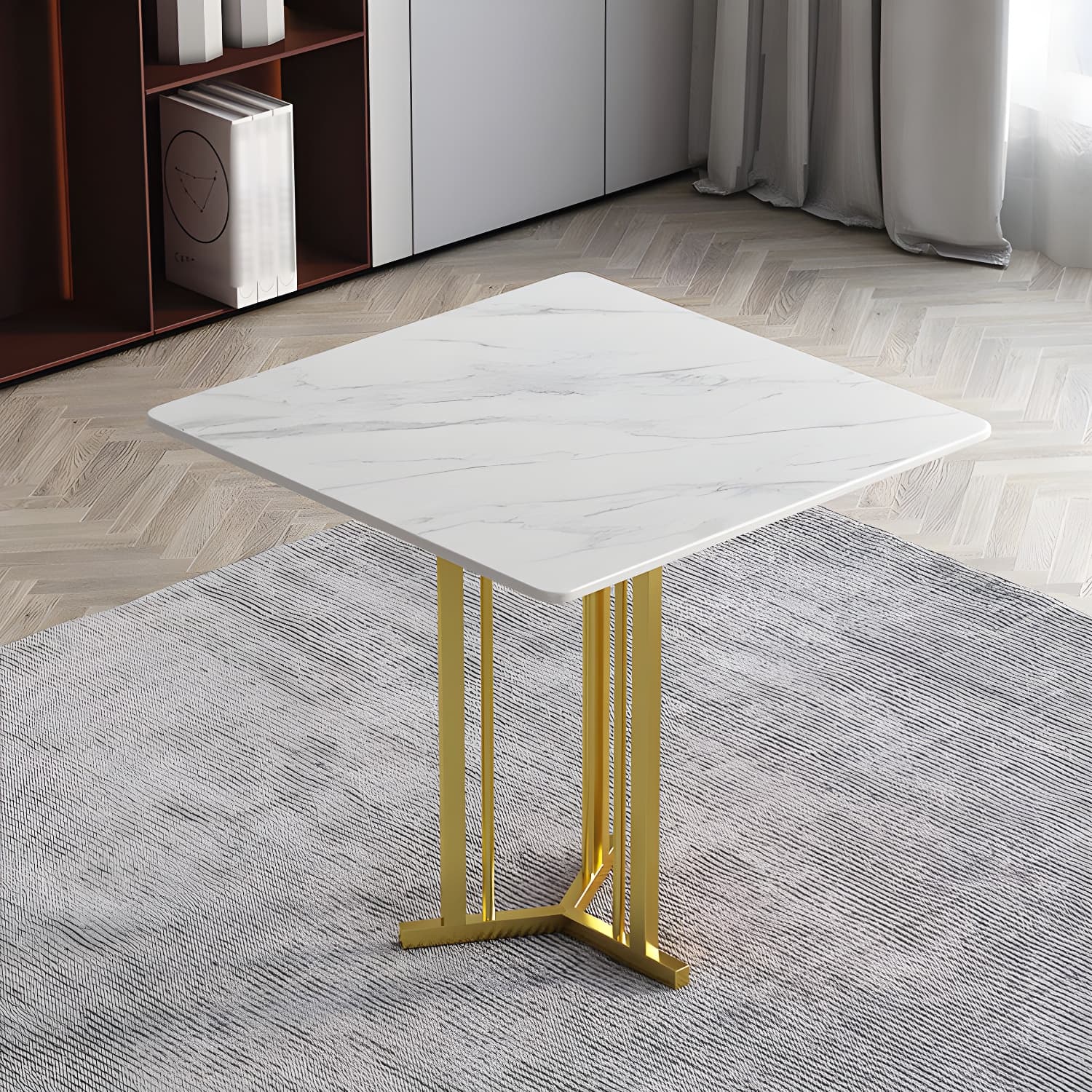 Stone Top Dining Table Contemporary Dining Table with Gold Pedestal Base - image 10