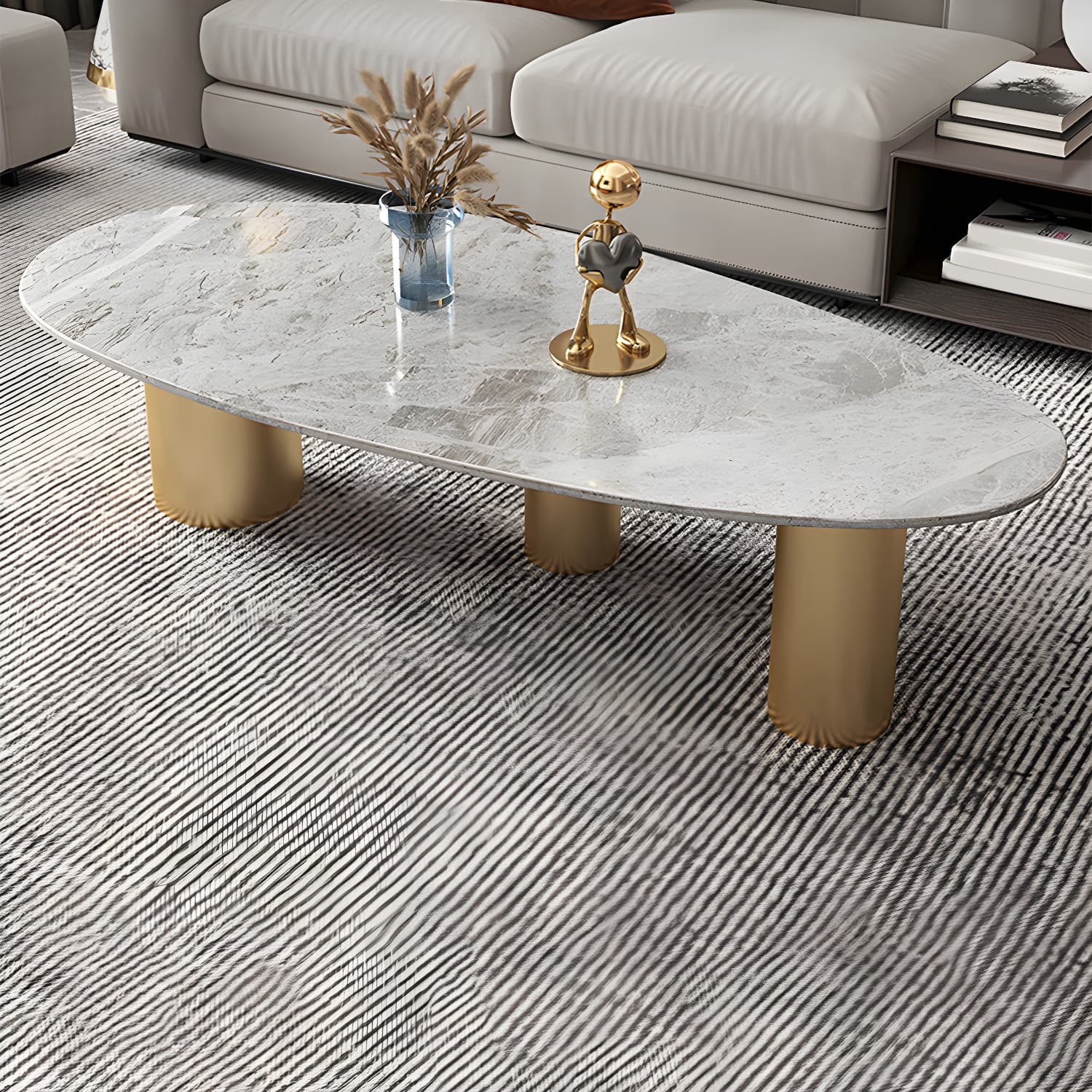 Luxurious 3 Legs Elliptical Stone Coffee Cocktail Table in White/Grey