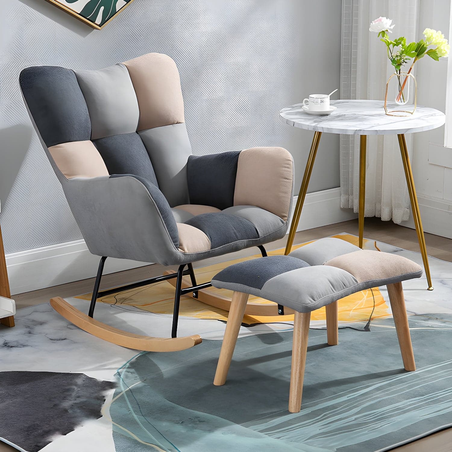 Fabric Rocking Chair Color Panel Contemporary Tufted Cushions Rocker Chair with Ottoman - image 7