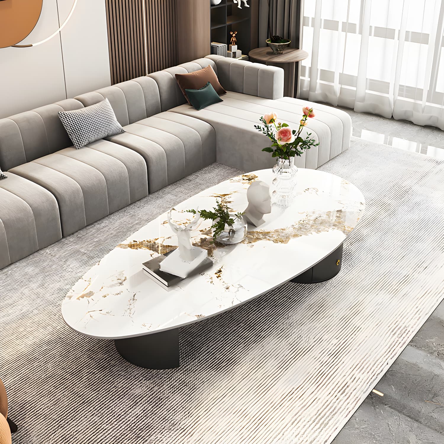 2 Legs Single Coffee Table Slate Oval Coffee Table with Storage - image 3