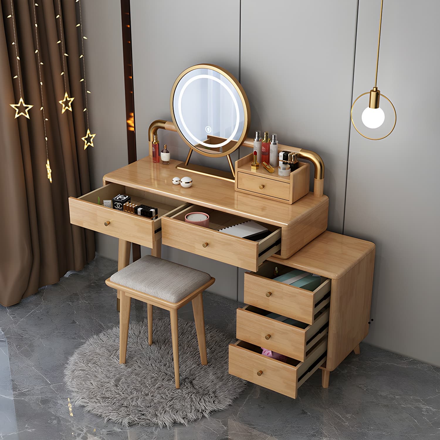 Solid Wood Make-up Vanity With Drawers and Stool for Bedroom - image 6