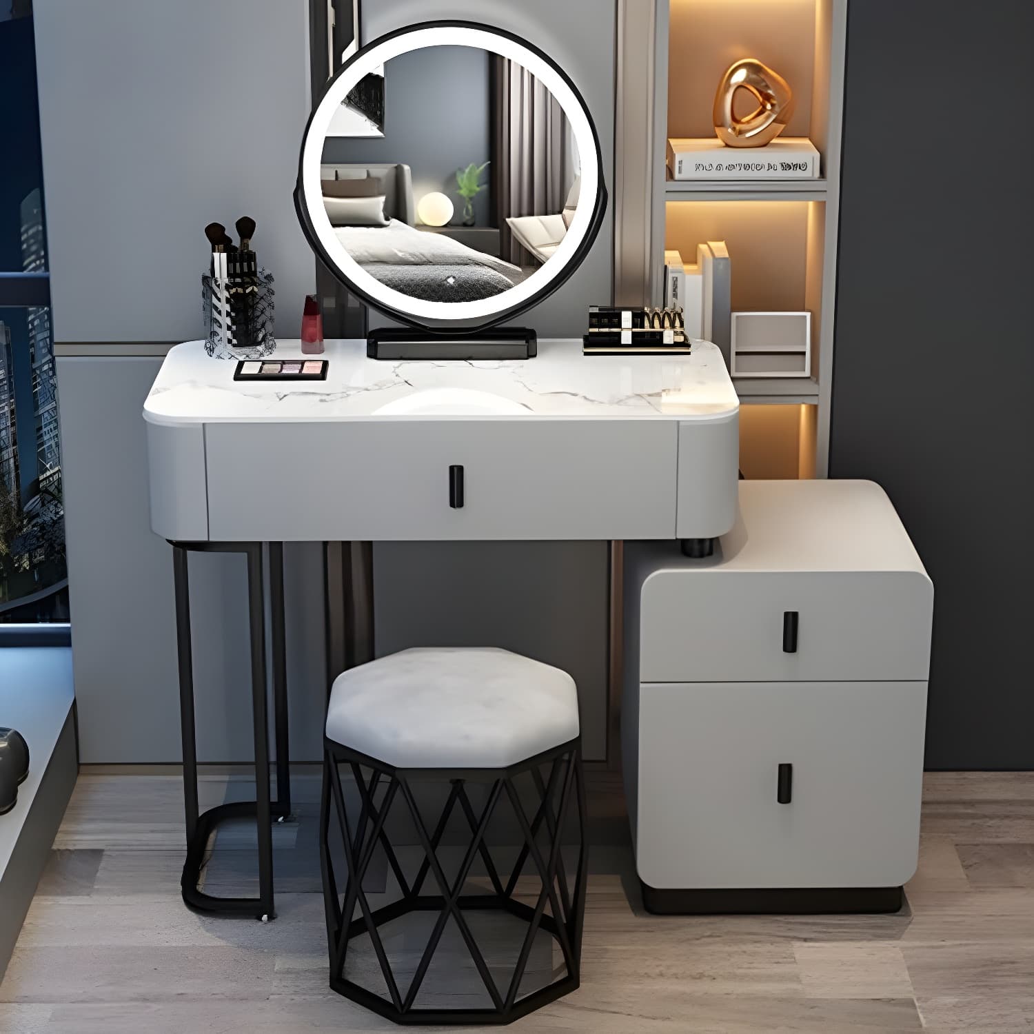 Modern Stone Top Makeup Vanity Desk with Solid Wood Storage Drawers - image 12