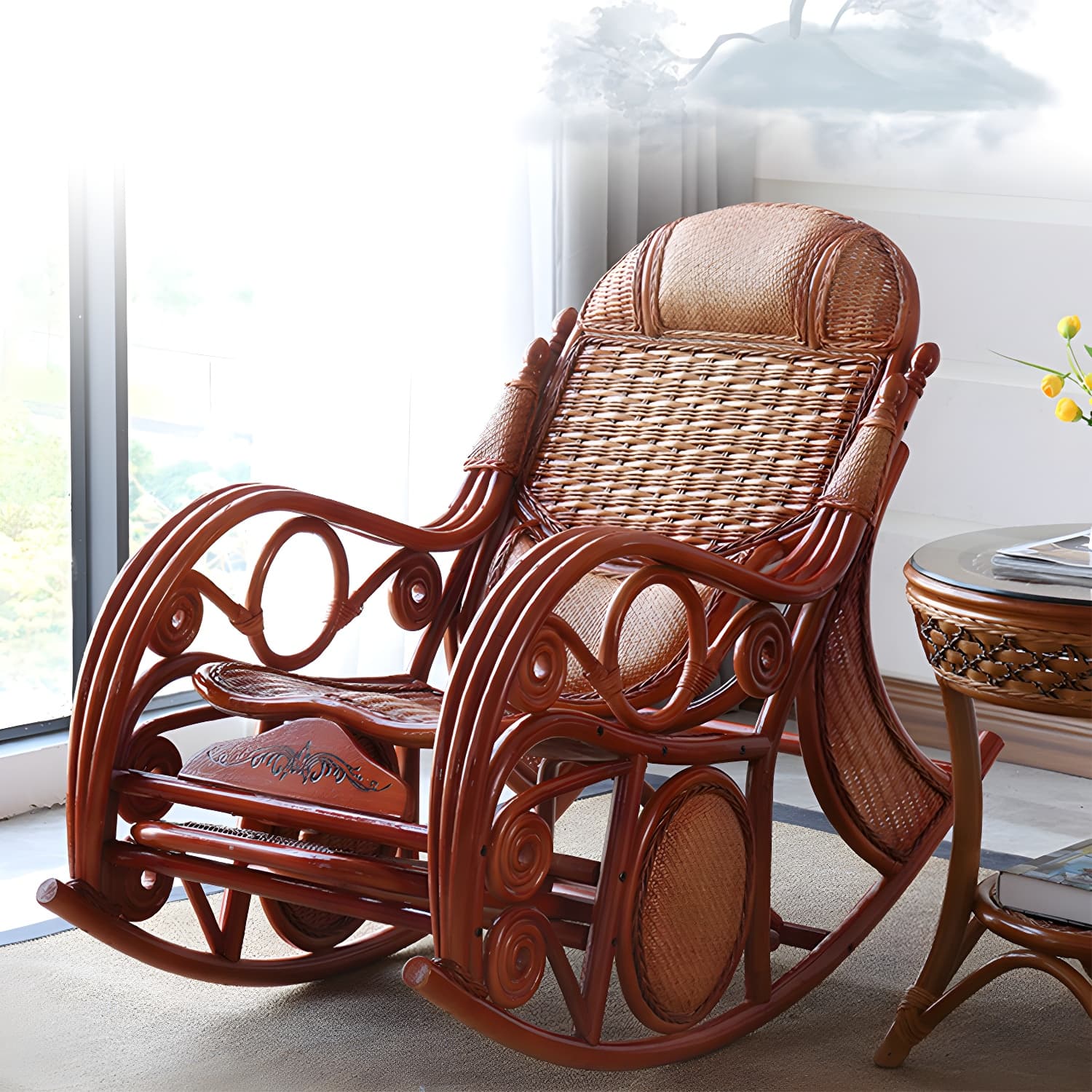 Traditional Rocking Chair Rattan Solid Color Spindle Backrest Indoor Rocking Chair - image 16