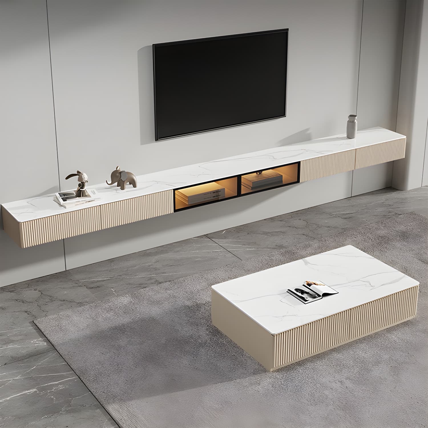 Glam Wall-mounted TV Media Stand Slate Top Wood Frame with Storage