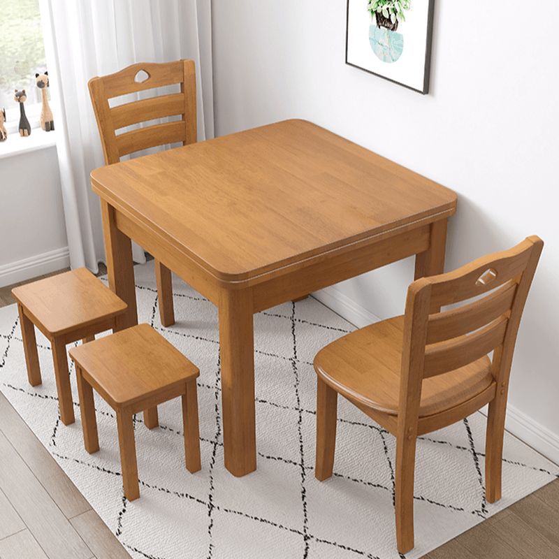 Square Fixed Dining Table Set with 4 Legs, a Wood Tabletop in Natural/Auburn/White, Back Chairs and Stool in a Simple Style - image 4