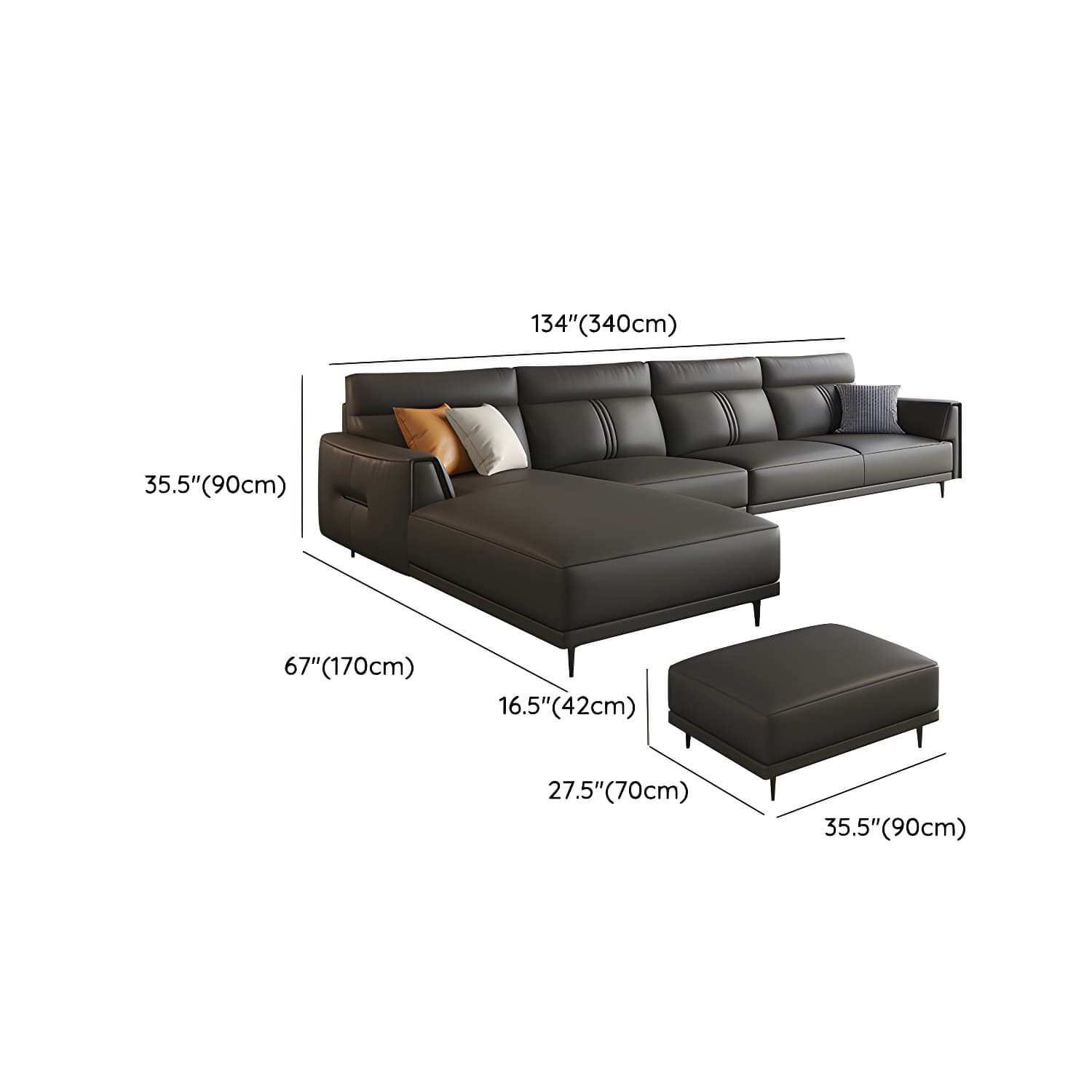 Modern Black Leather Stationary Sectional Sofa with Flared Arm and Cushion Back - image 21