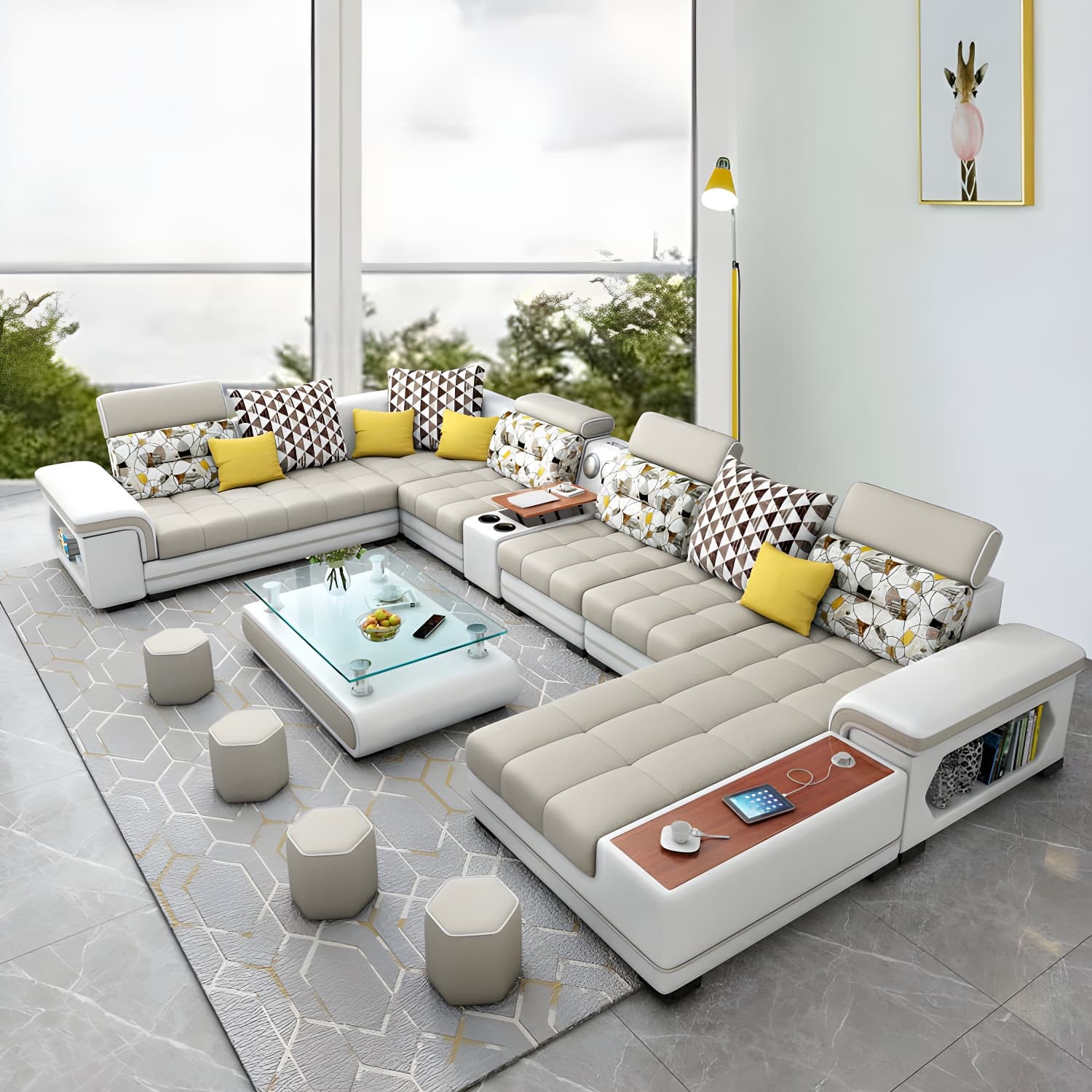 Modern Beige Sectional Sofa with Wood Frame, Pillow Back & Slipcover, Storage Included with Shelves