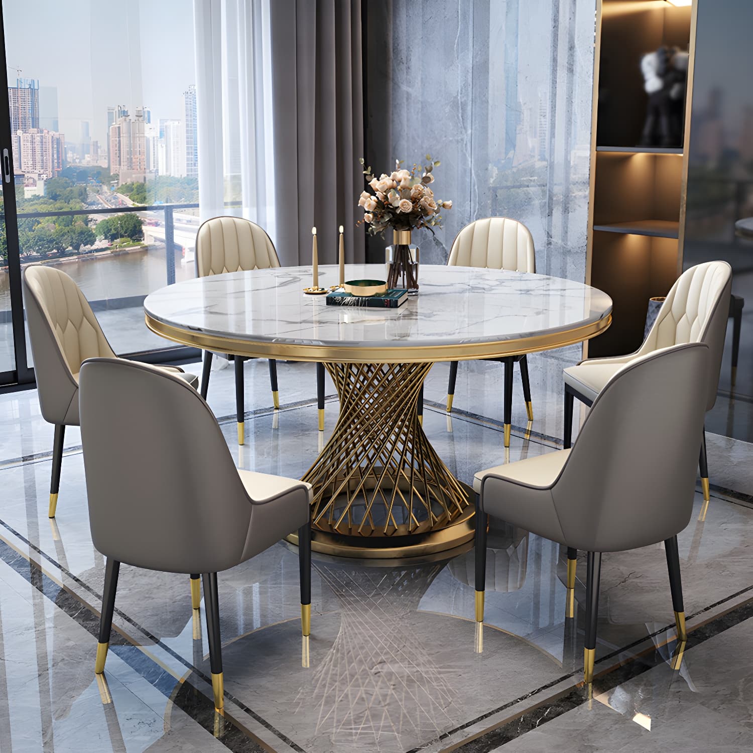 Round White Marble Modern Dining Table with Gold Steel Pedestal Base - image 13