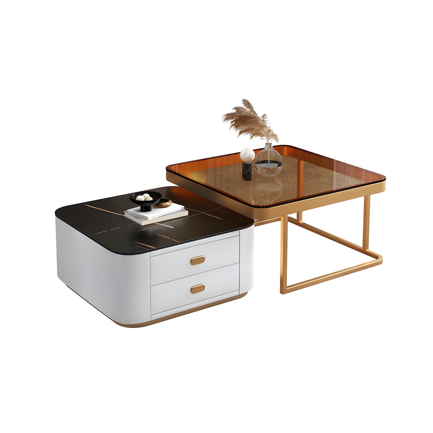 Square Coffee Table Glass Top 2 Nesting Coffee Table Set with Storage - image 3