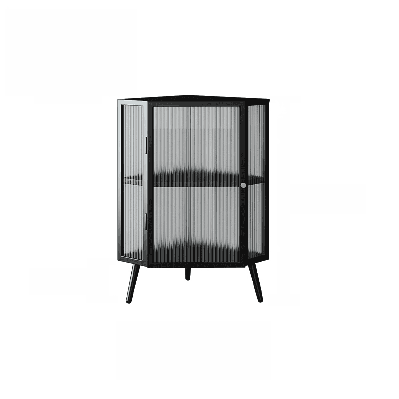 Contemporary Corner Utility Cabinet with 1 Cabinet, Iron Countertop, Glass Door, Pull Knobs, and Black/White/Off White Top