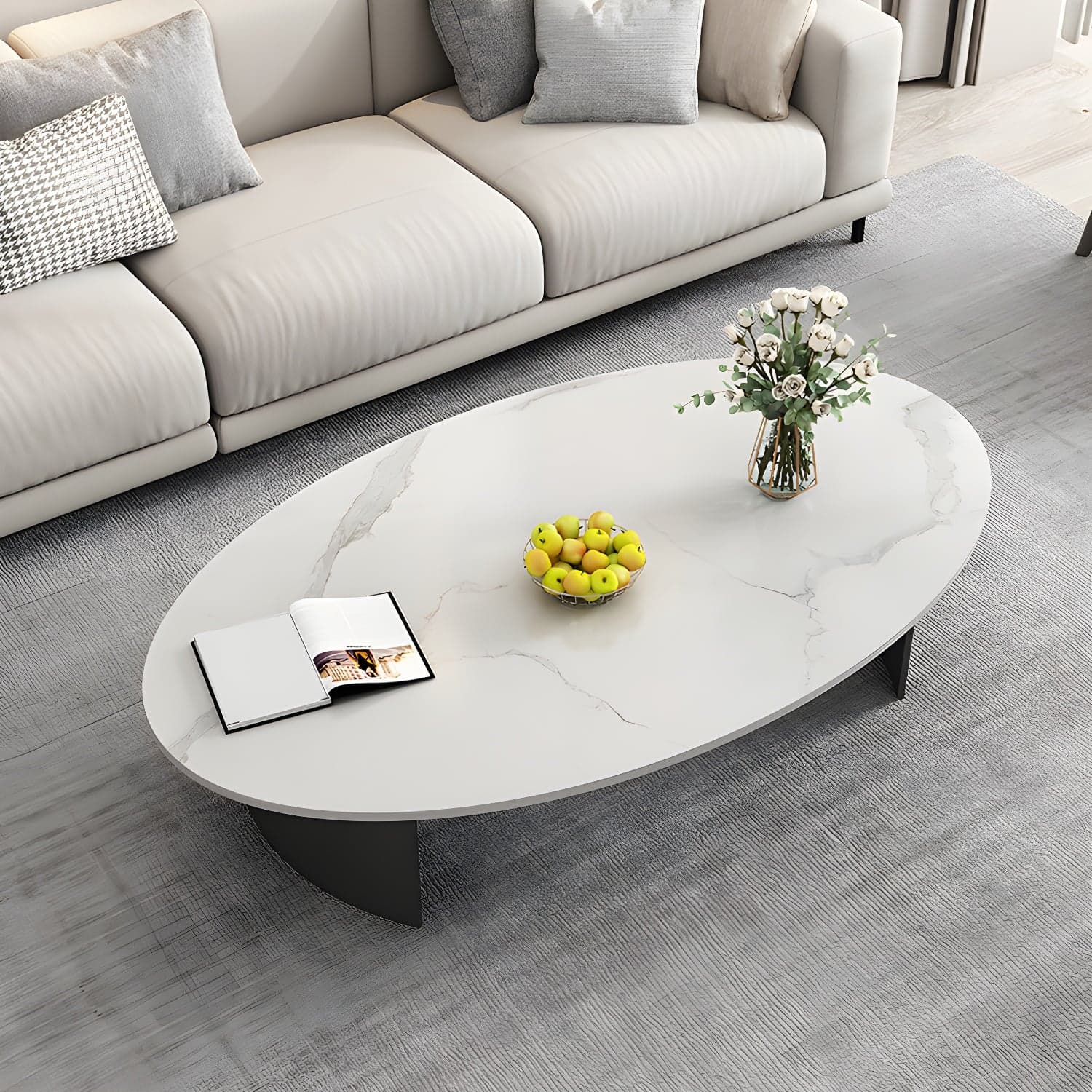 Oval Stone Modern Coffee Table with Double Pedestal Metal Base - image 3