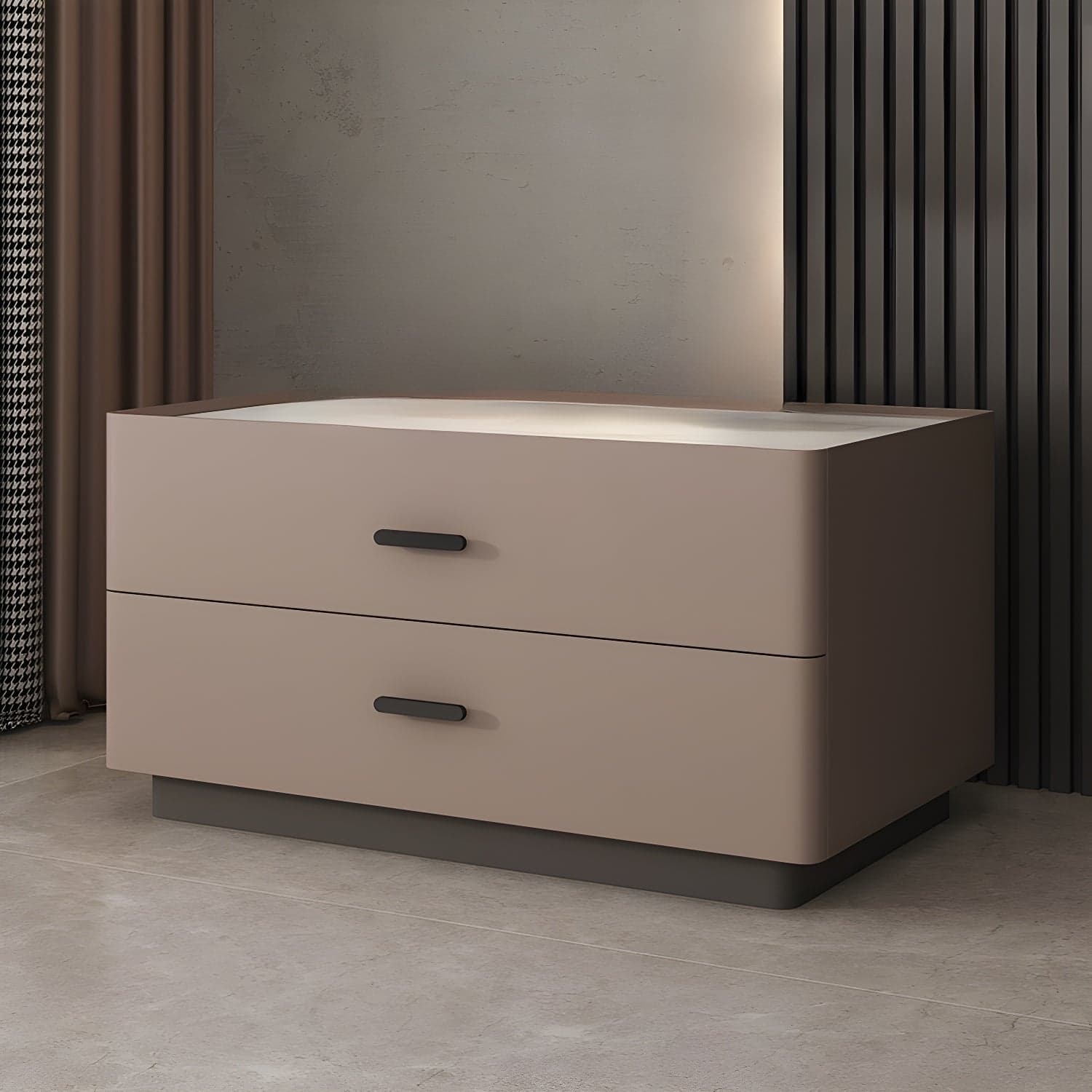 Elegant Two-Drawer Faux Leather Nightstand with Stone Countertop in Low Height for Modern Homes - image 5