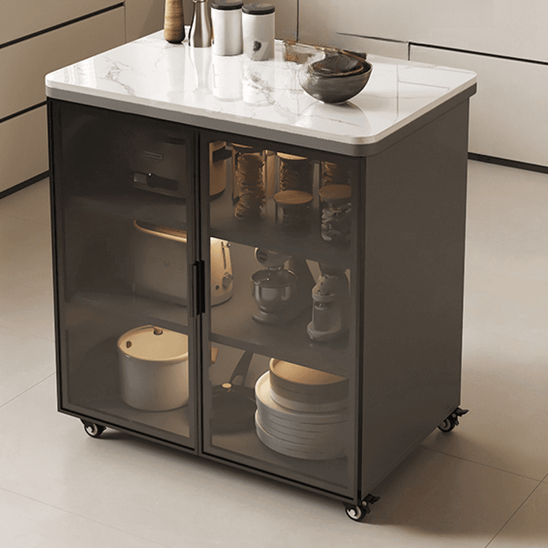 Trendy Sideboard on Caster Wheels with Narrow Stone Countertop, Glazed Door, Adjustable Shelving, and Lighting System