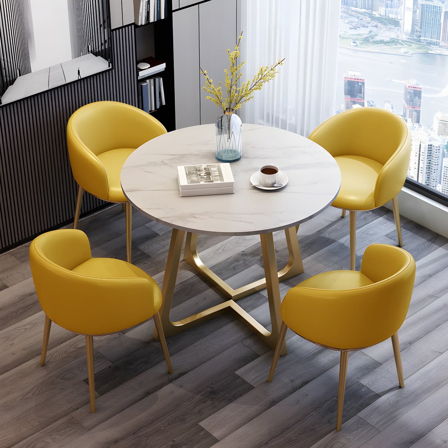 5-Piece Glam Dining Set Round White Table with Gold Metal Base and Upholstered Chairs - image 8