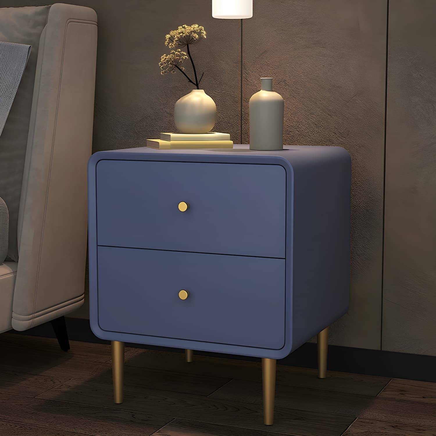 Glam Pine Wood Nightstand with Leather Countertop and 2 Drawers - Small Size - image 3
