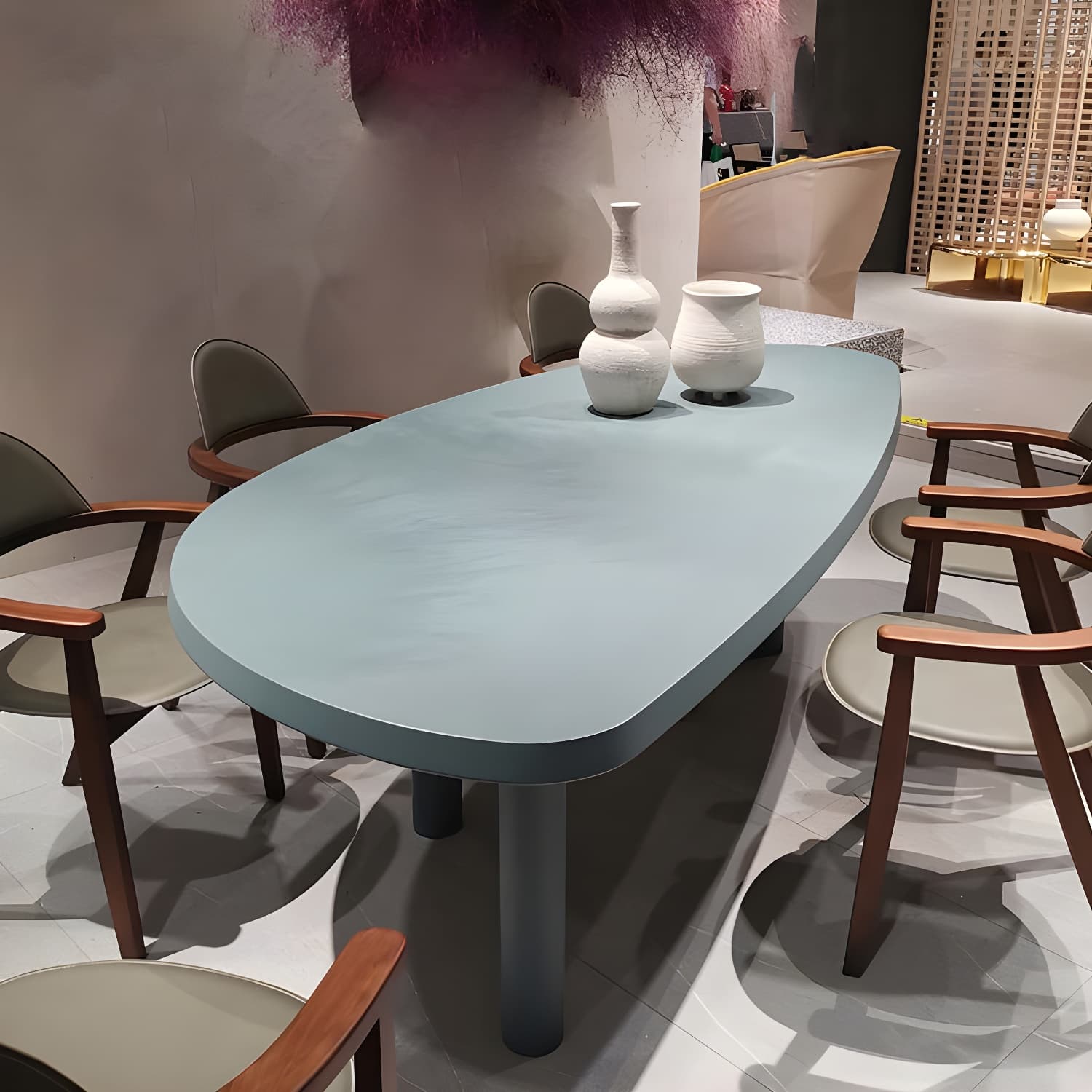 Blue Free Form Scandinavian Dining Table with Wood Top and Legs Standard Height