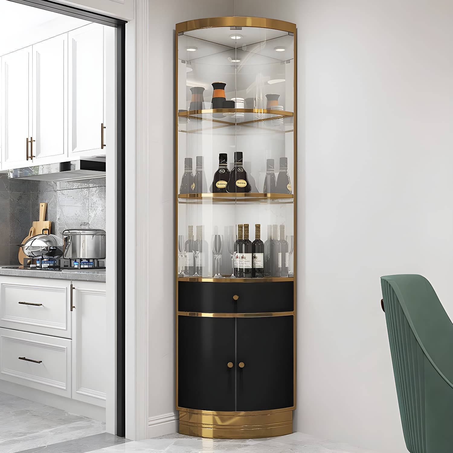 Corner Modern Accent Cabinet with Wood Counter Top, Glass Doors, and Metal Base