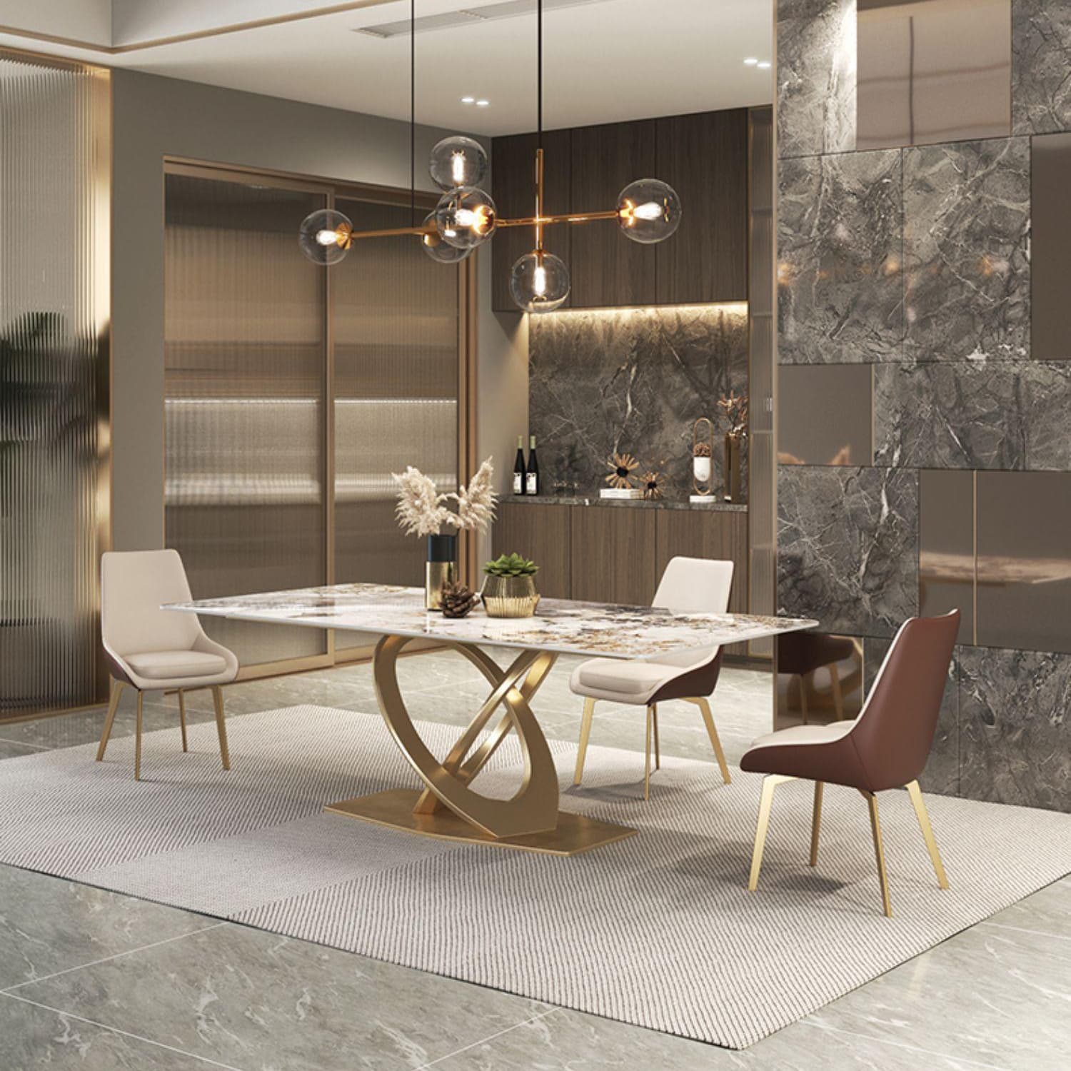 Glossy Beige Dining Table Set 1/2/5/7 Pcs Glam Dinette Set with Leather Chairs - image 10