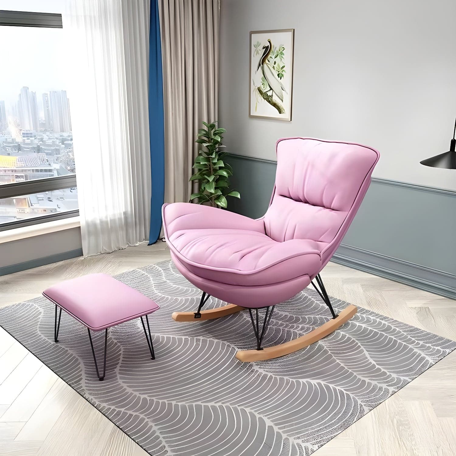 Modern Glider Chair Solid Pure Color Faux Leather Rocker Chair with Ottoman - image 8